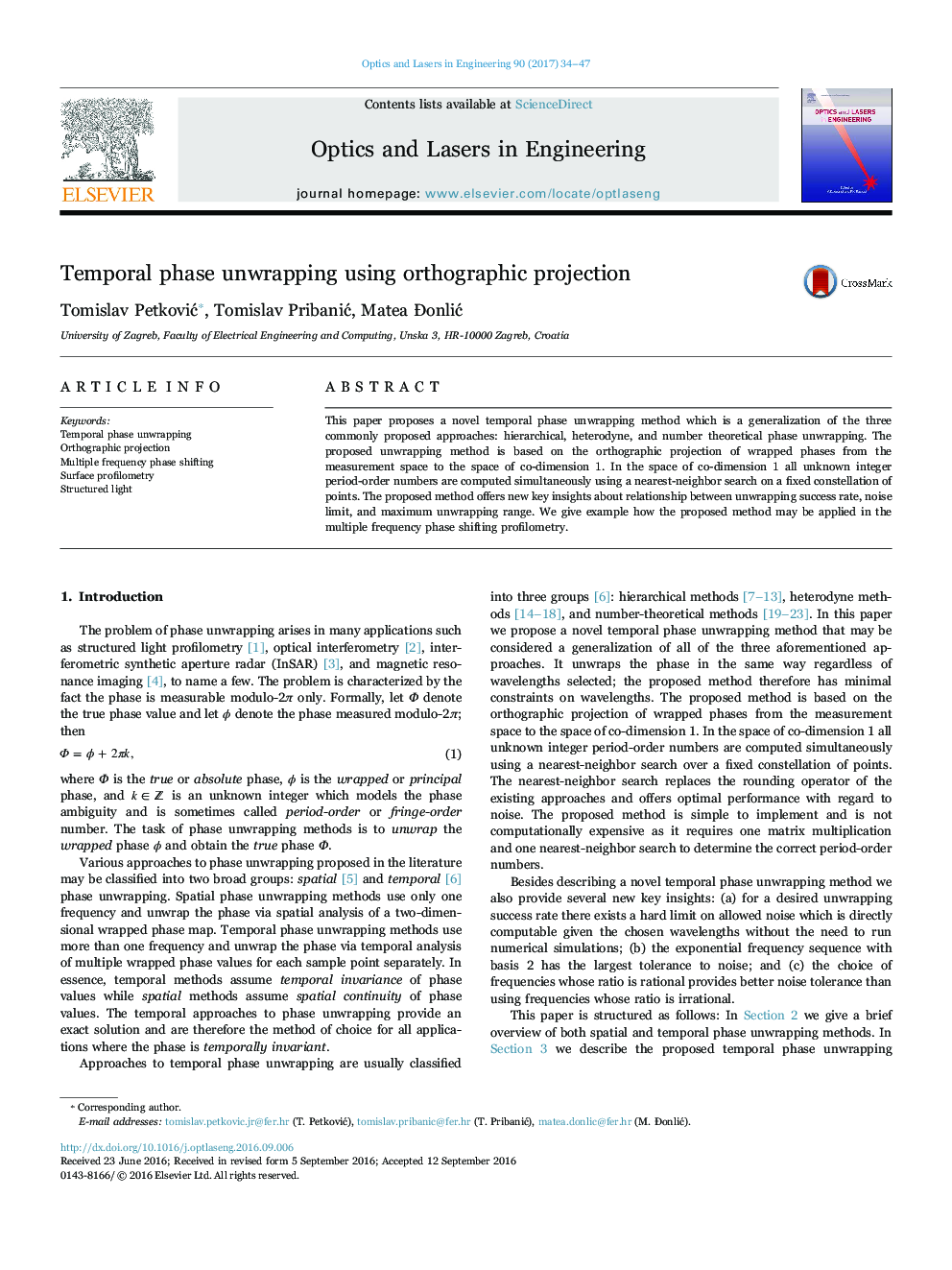 Temporal phase unwrapping using orthographic projection