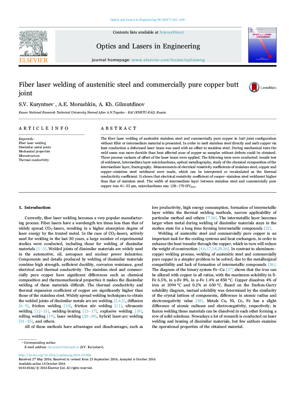 Fiber laser welding of austenitic steel and commercially pure copper butt joint