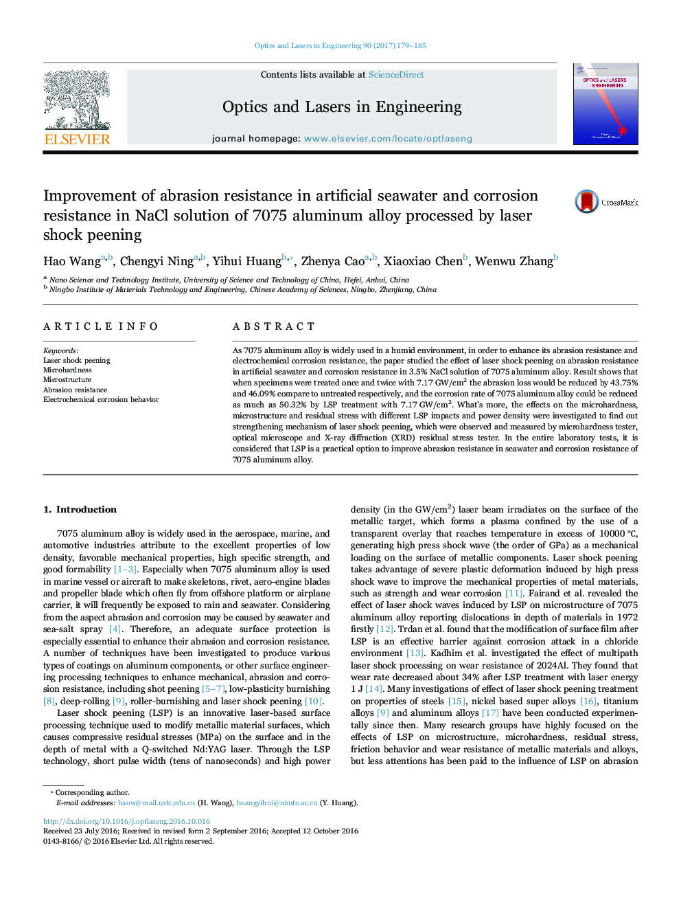 Improvement of abrasion resistance in artificial seawater and corrosion resistance in NaCl solution of 7075 aluminum alloy processed by laser shock peening