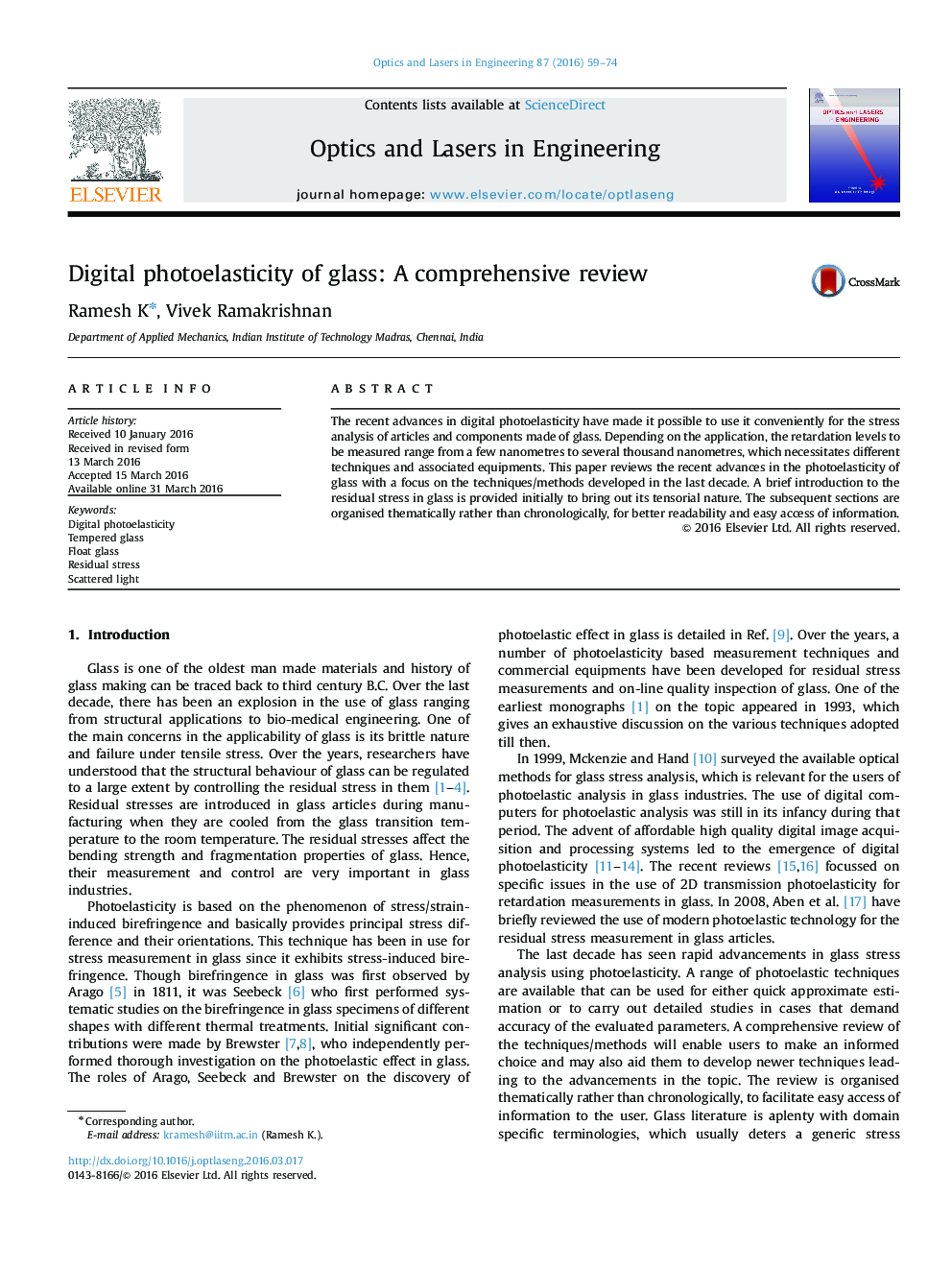 Digital photoelasticity of glass: A comprehensive review