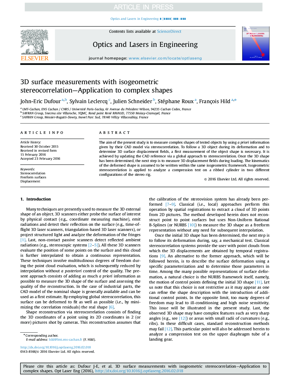 3D surface measurements with isogeometric stereocorrelation-Application to complex shapes