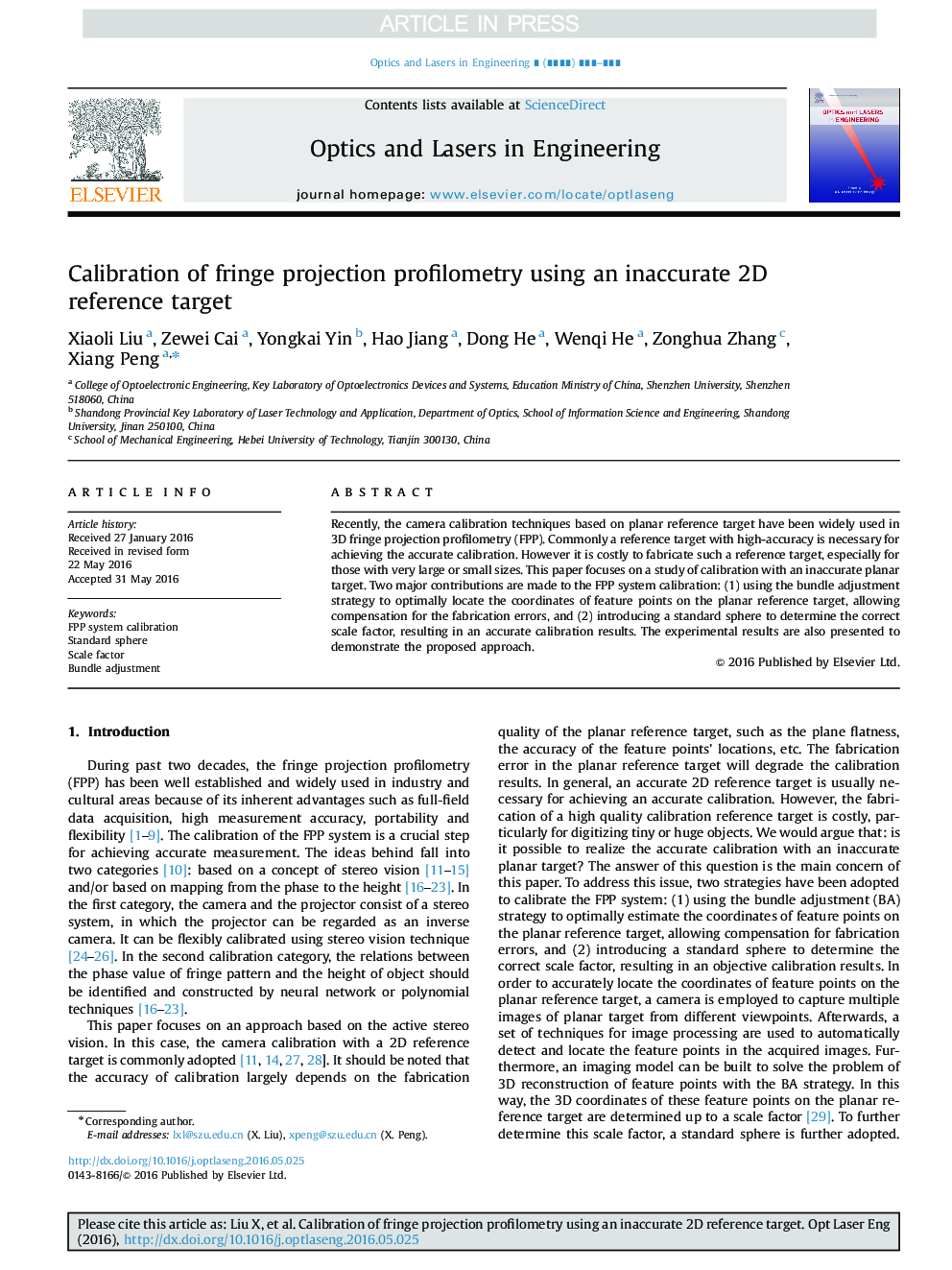 Calibration of fringe projection profilometry using an inaccurate 2D reference target
