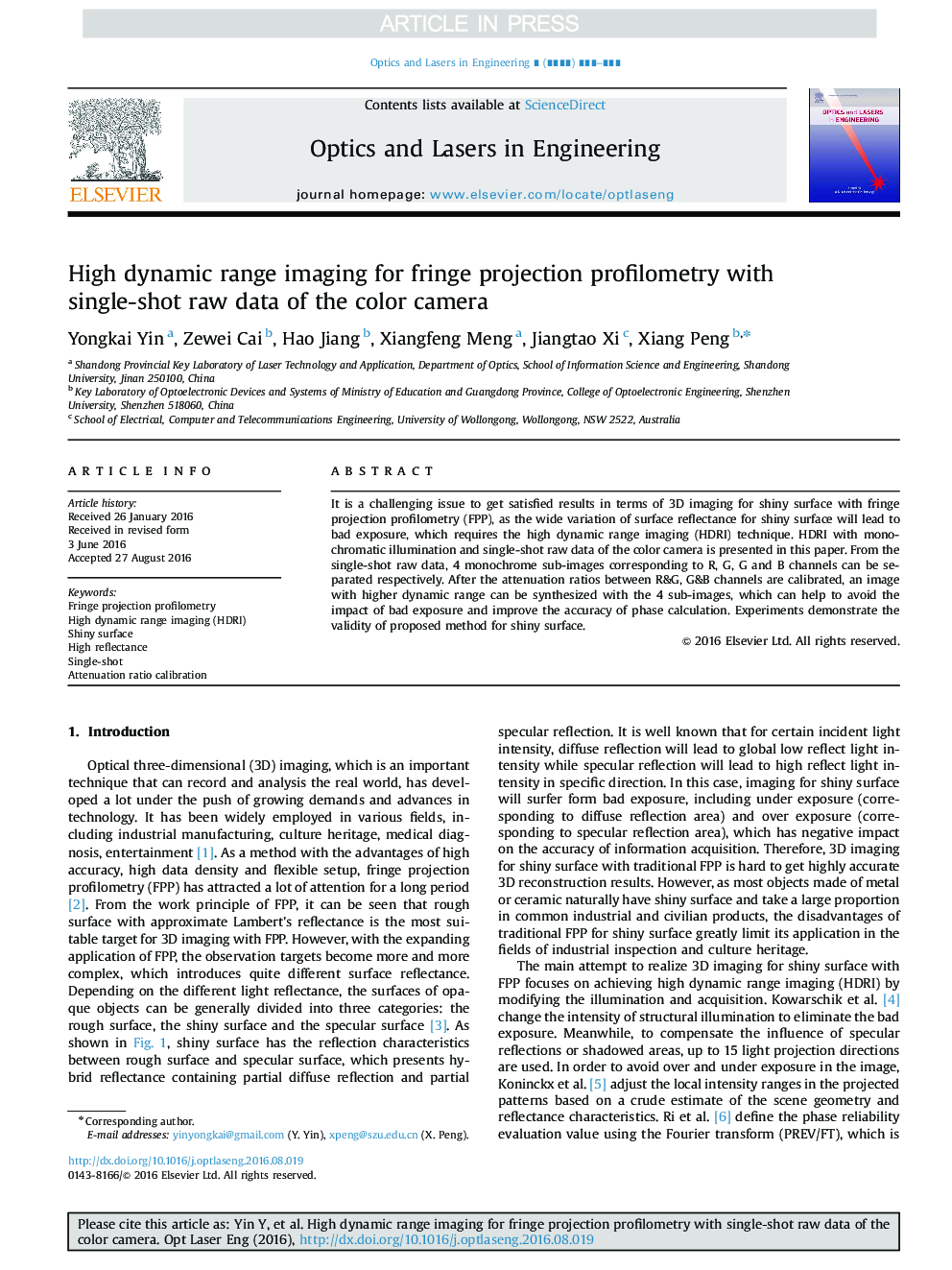 High dynamic range imaging for fringe projection profilometry with single-shot raw data of the color camera