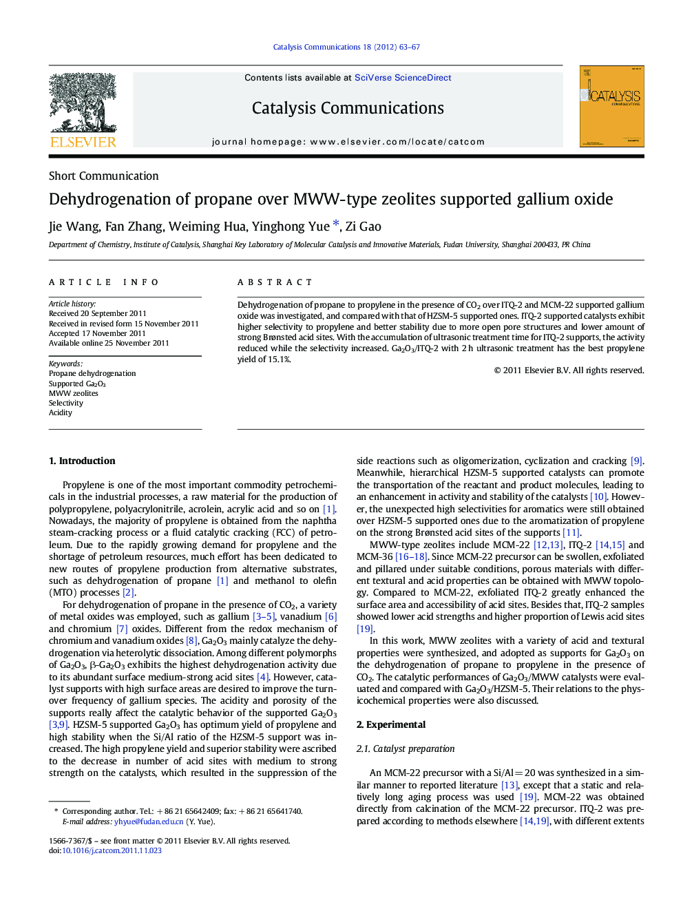 Dehydrogenation of propane over MWW-type zeolites supported gallium oxide