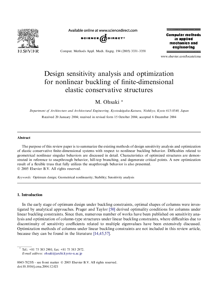 Design sensitivity analysis and optimization for nonlinear buckling of finite-dimensional elastic conservative structures