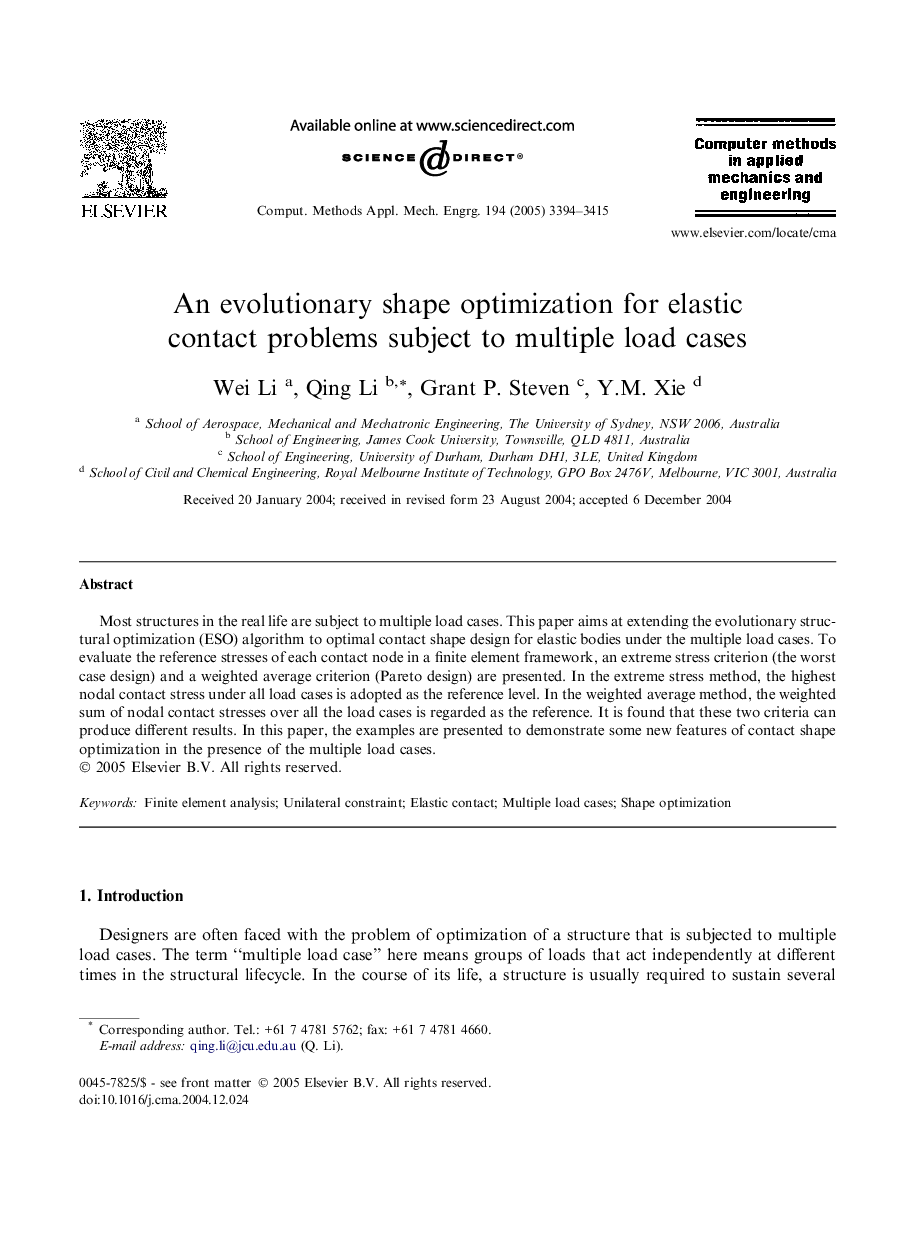 An evolutionary shape optimization for elastic contact problems subject to multiple load cases