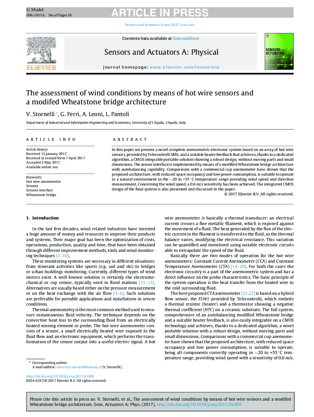 The assessment of wind conditions by means of hot wire sensors and a modifed Wheatstone bridge architecture