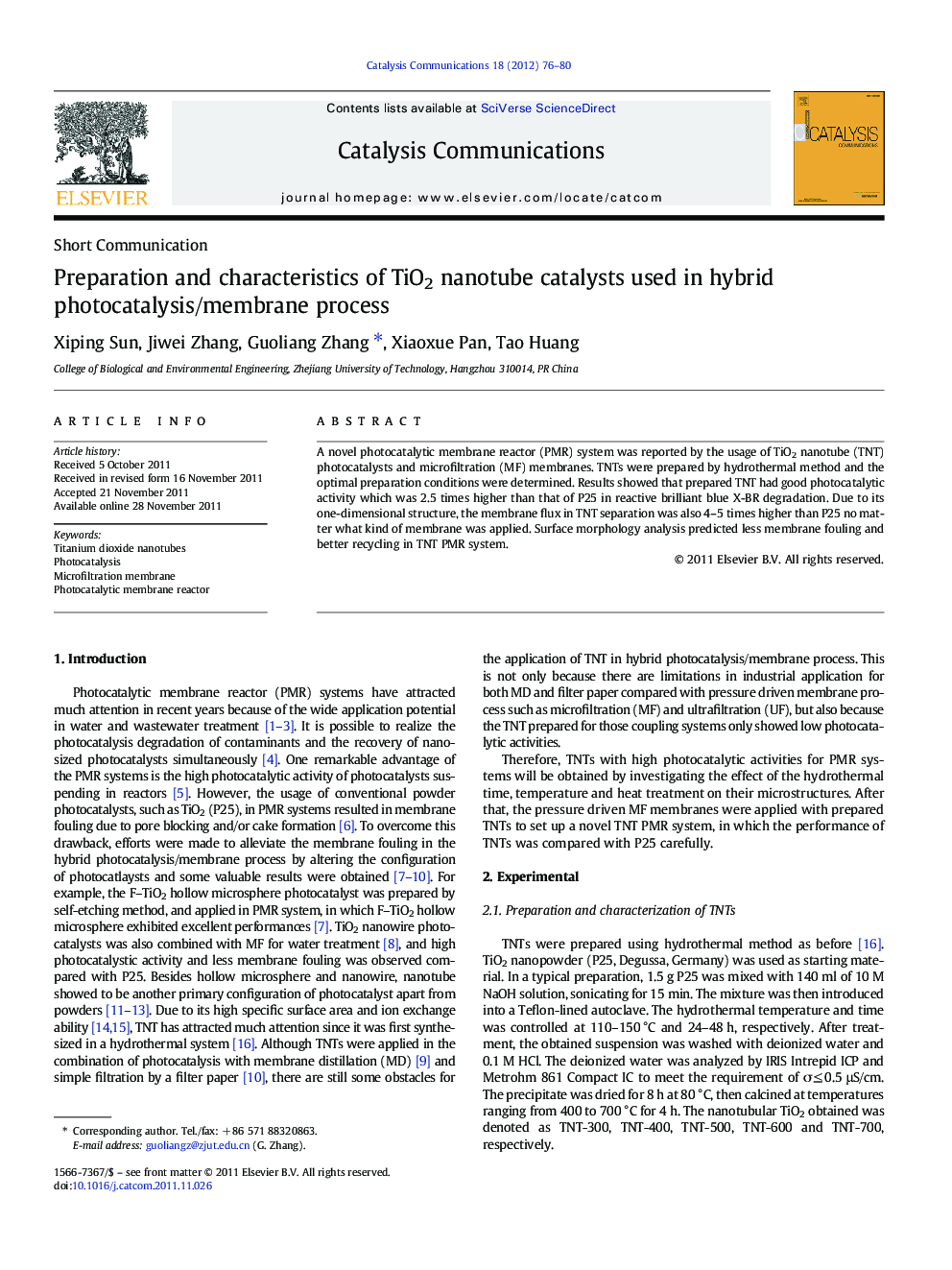 Preparation and characteristics of TiO2 nanotube catalysts used in hybrid photocatalysis/membrane process