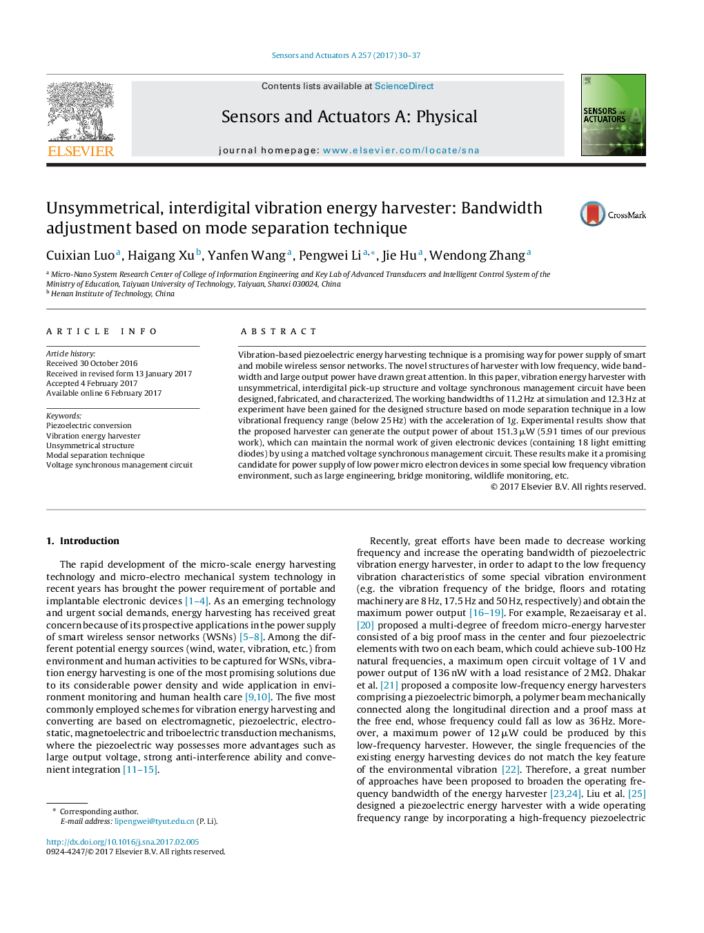 Unsymmetrical, interdigital vibration energy harvester: Bandwidth adjustment based on mode separation technique