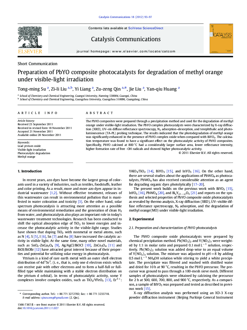 Preparation of PbYO composite photocatalysts for degradation of methyl orange under visible-light irradiation