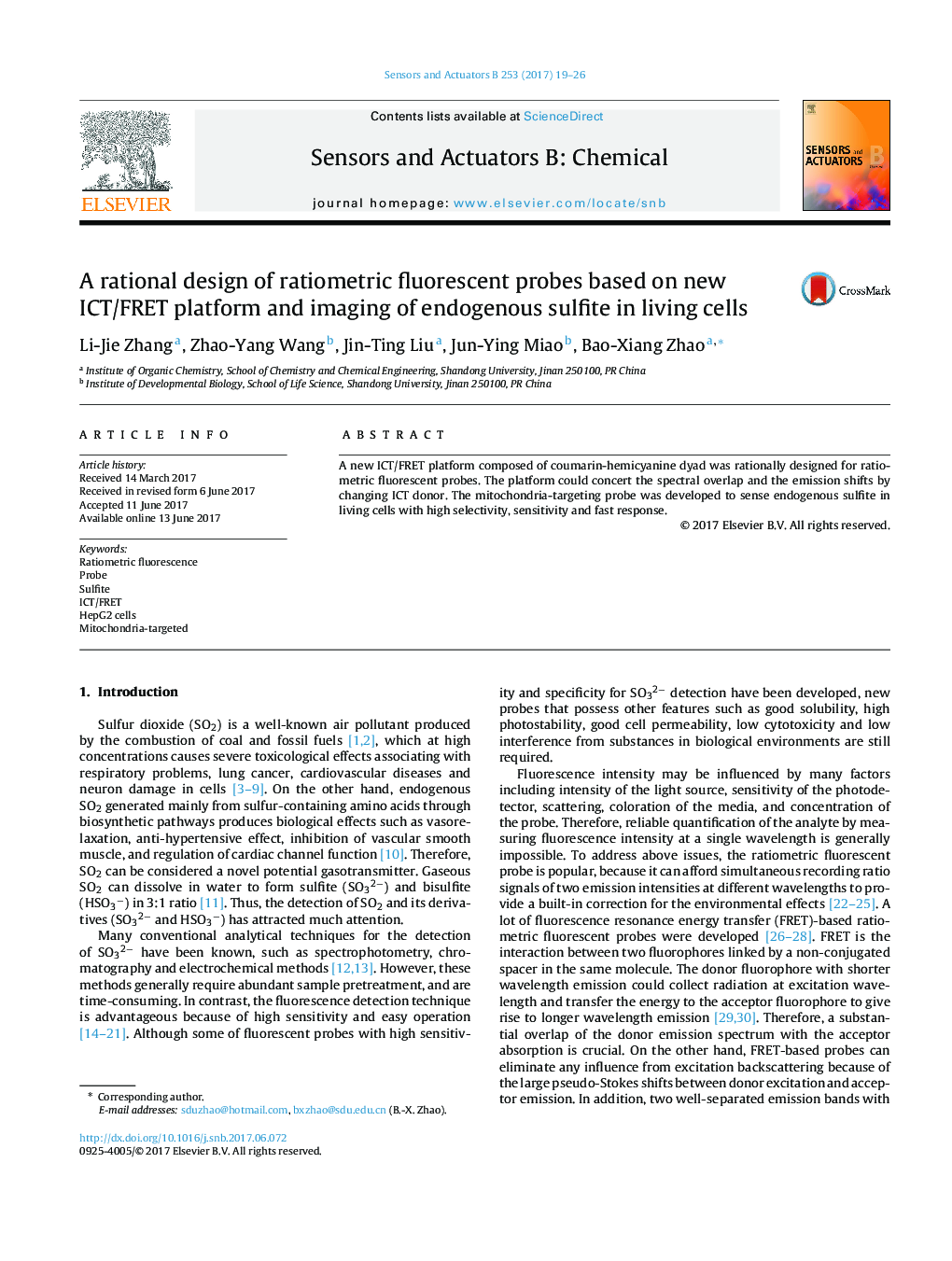 A rational design of ratiometric fluorescent probes based on new ICT/FRET platform and imaging of endogenous sulfite in living cells