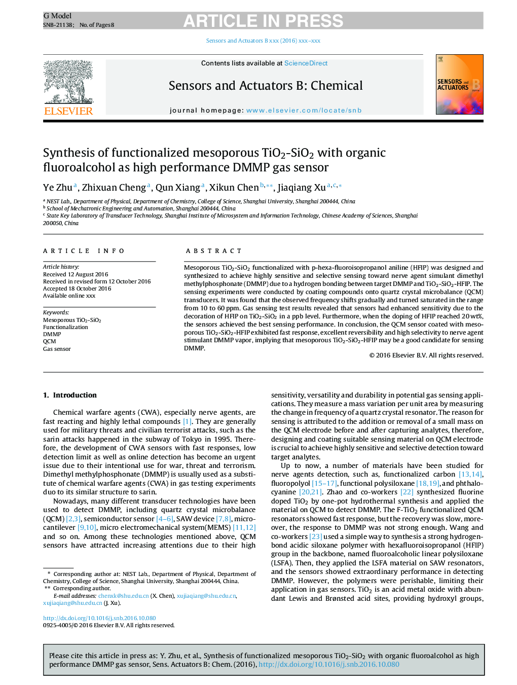 Synthesis of functionalized mesoporous TiO2-SiO2 with organic fluoroalcohol as high performance DMMP gas sensor