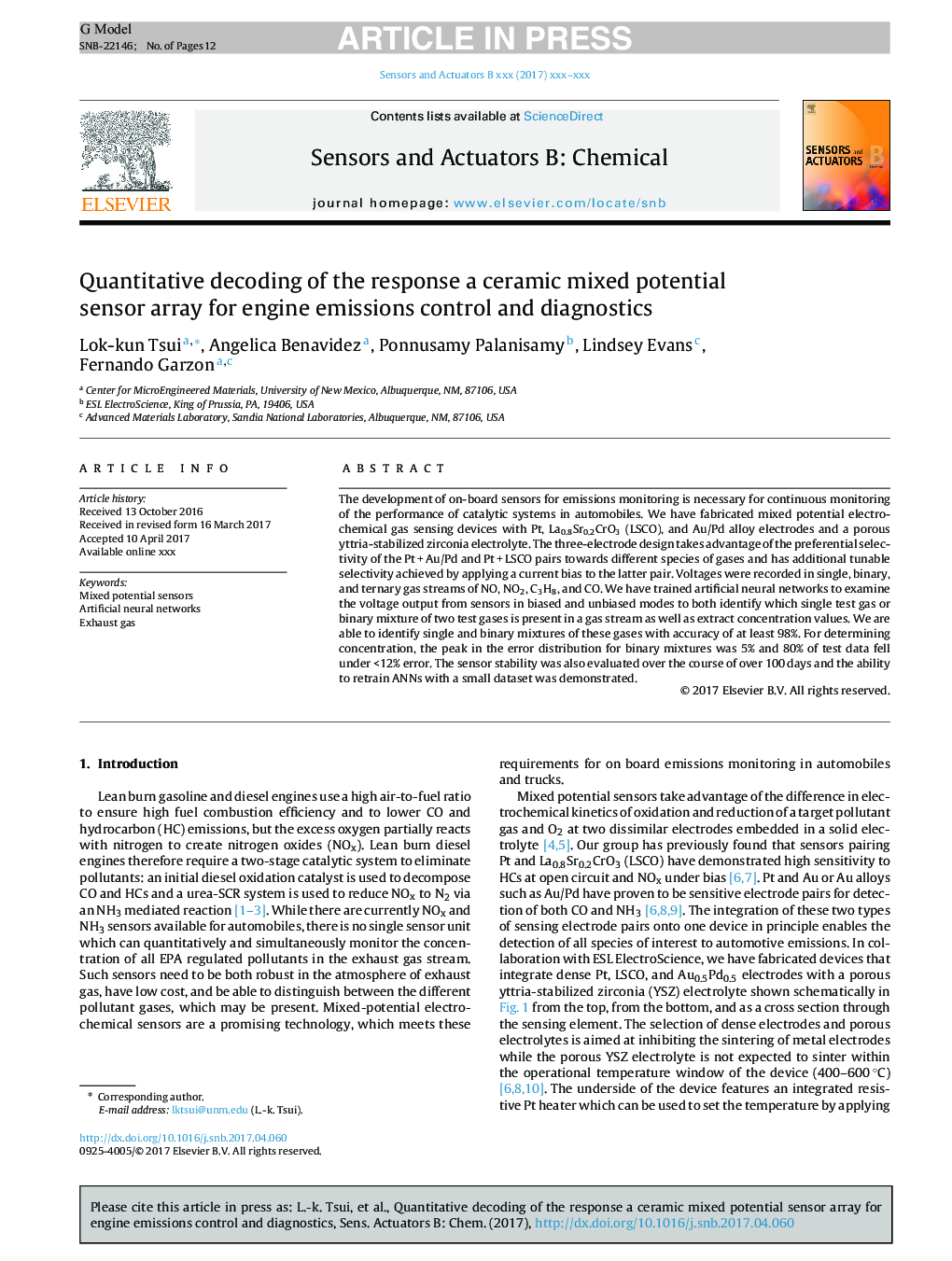 Quantitative decoding of the response a ceramic mixed potential sensor array for engine emissions control and diagnostics