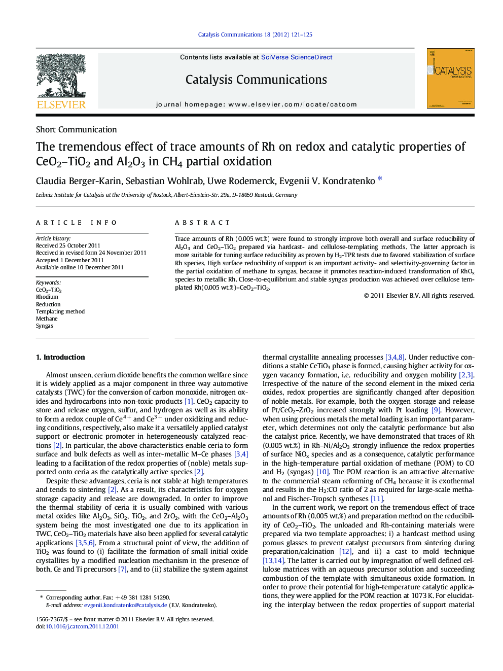 The tremendous effect of trace amounts of Rh on redox and catalytic properties of CeO2–TiO2 and Al2O3 in CH4 partial oxidation