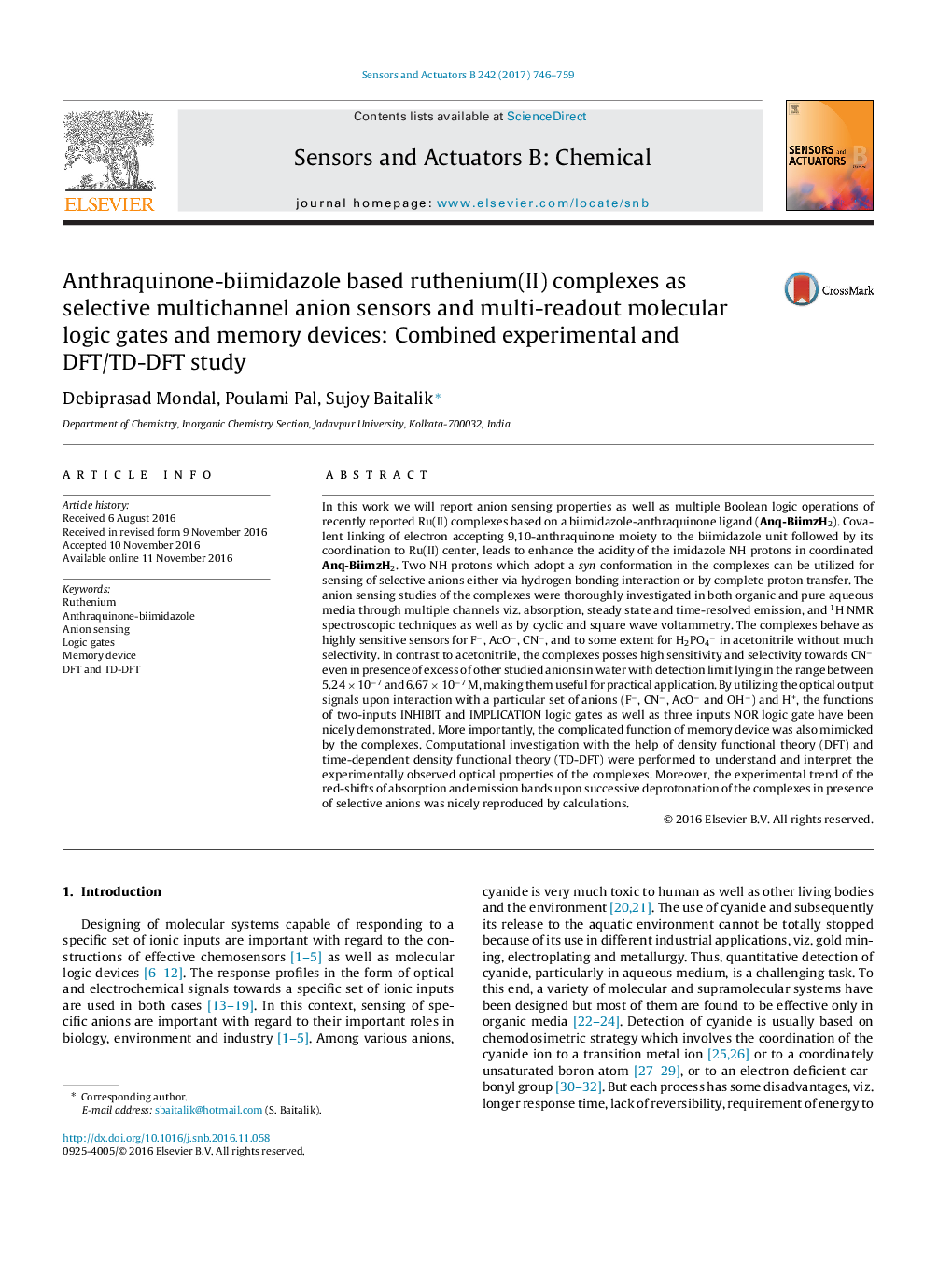 Anthraquinone-biimidazole based ruthenium(II) complexes as selective multichannel anion sensors and multi-readout molecular logic gates and memory devices: Combined experimental and DFT/TD-DFT study