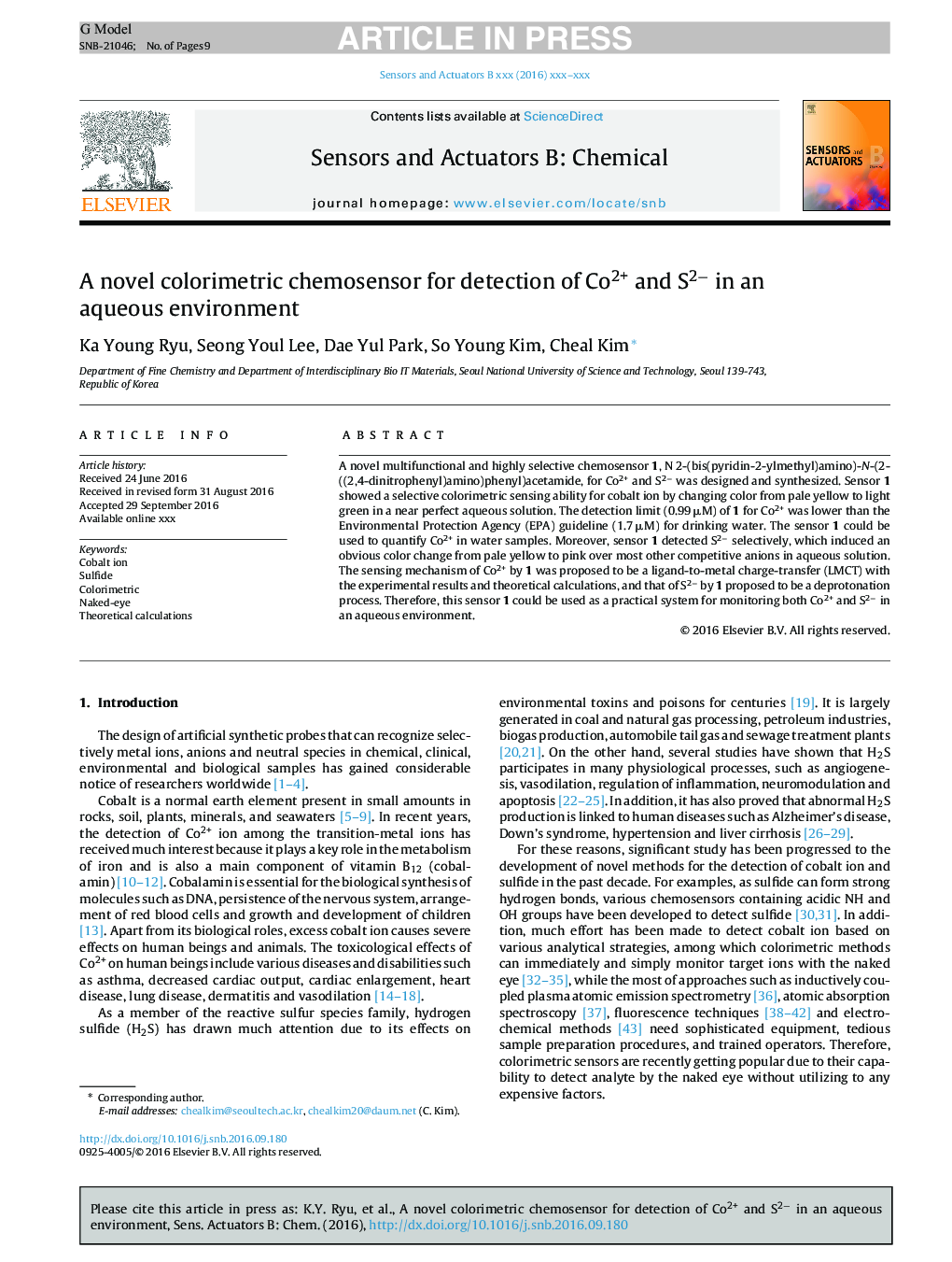 A novel colorimetric chemosensor for detection of Co2+ and S2â in an aqueous environment