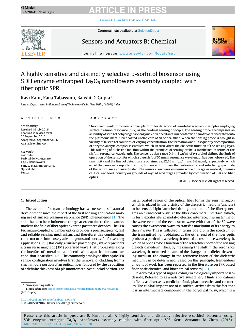 A highly sensitive and distinctly selective d-sorbitol biosensor using SDH enzyme entrapped Ta2O5 nanoflowers assembly coupled with fiber optic SPR