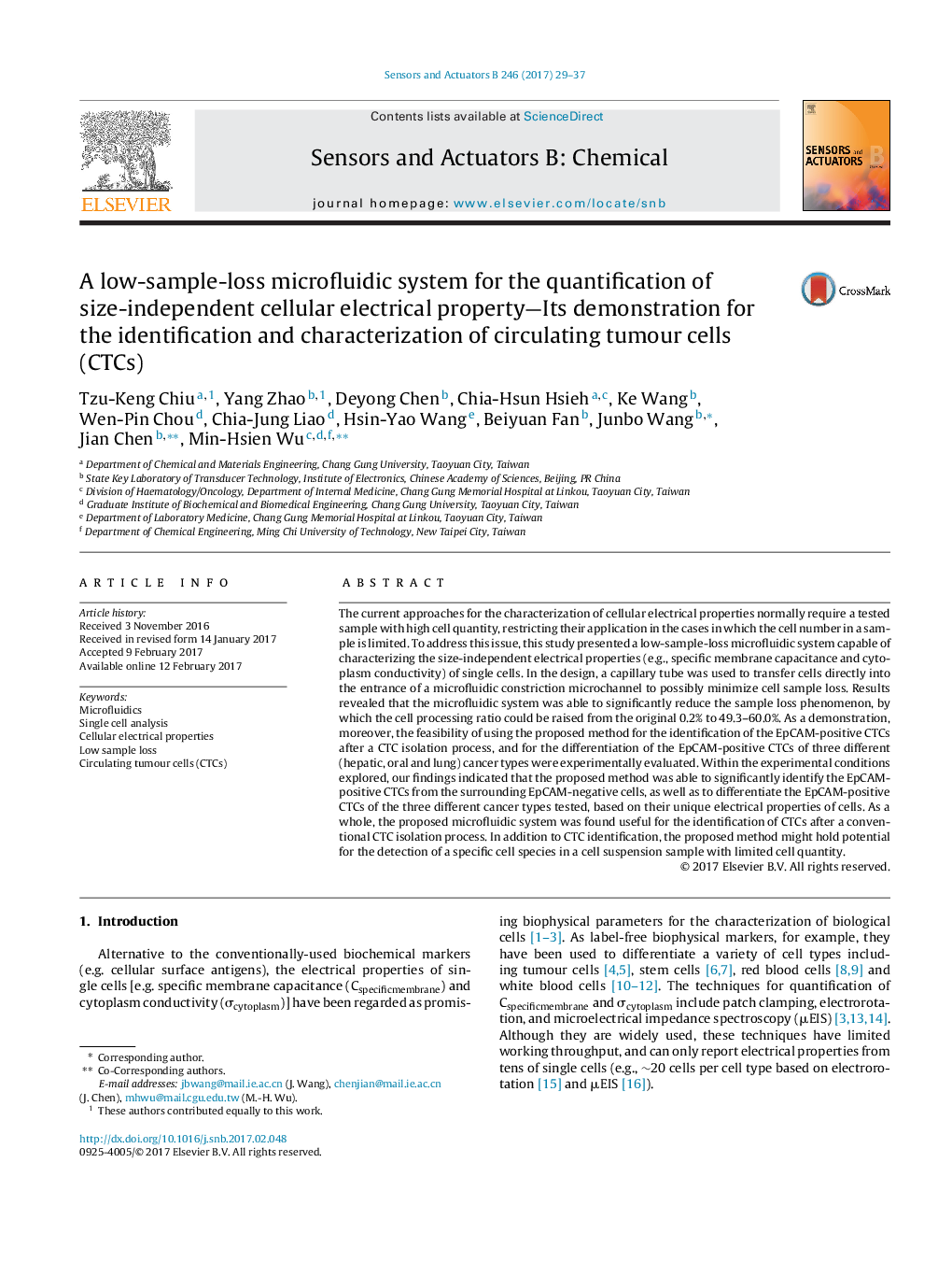 A low-sample-loss microfluidic system for the quantification of size-independent cellular electrical property-Its demonstration for the identification and characterization of circulating tumour cells (CTCs)