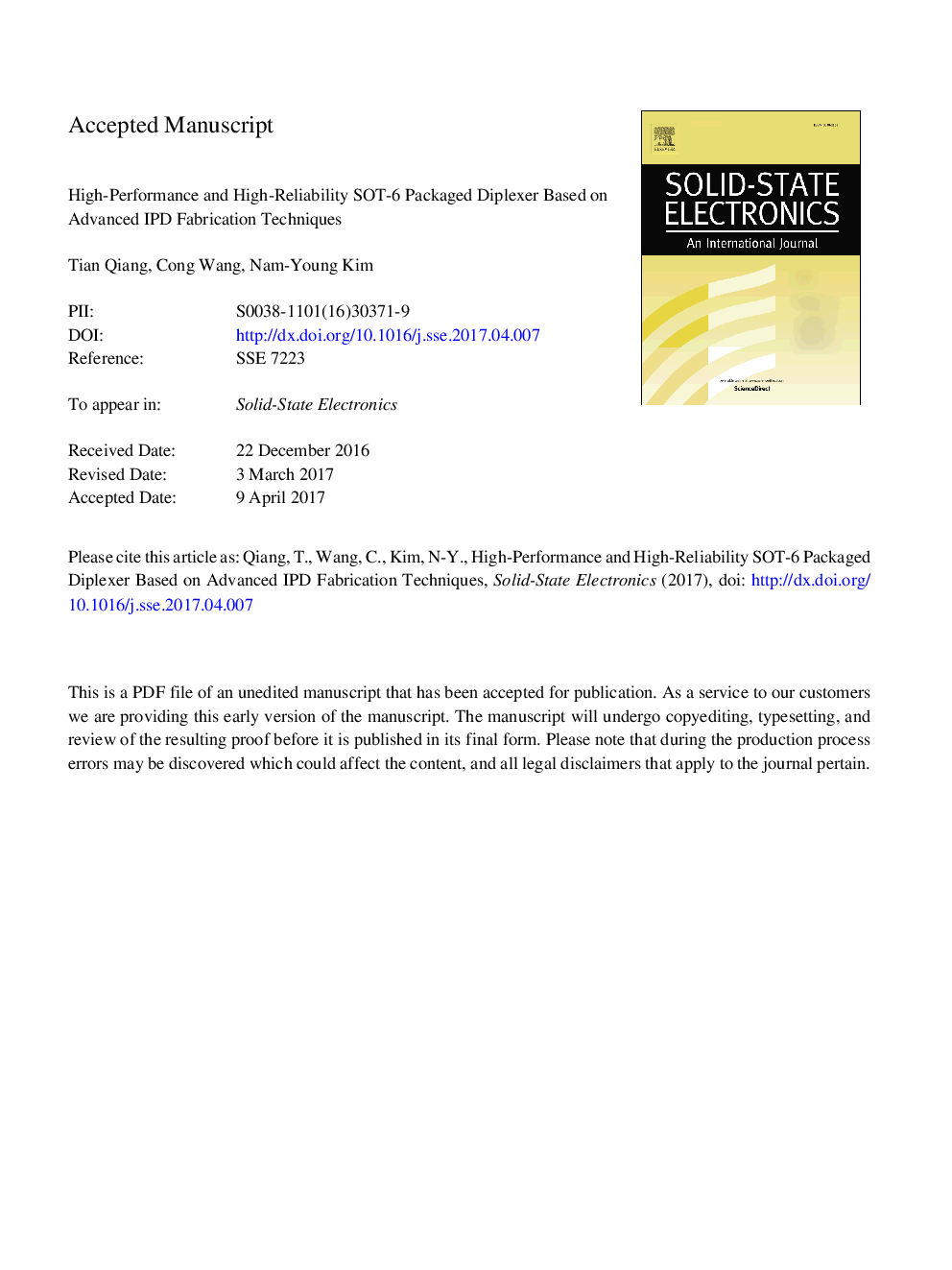 High-performance and high-reliability SOT-6 packaged diplexer based on advanced IPD fabrication techniques