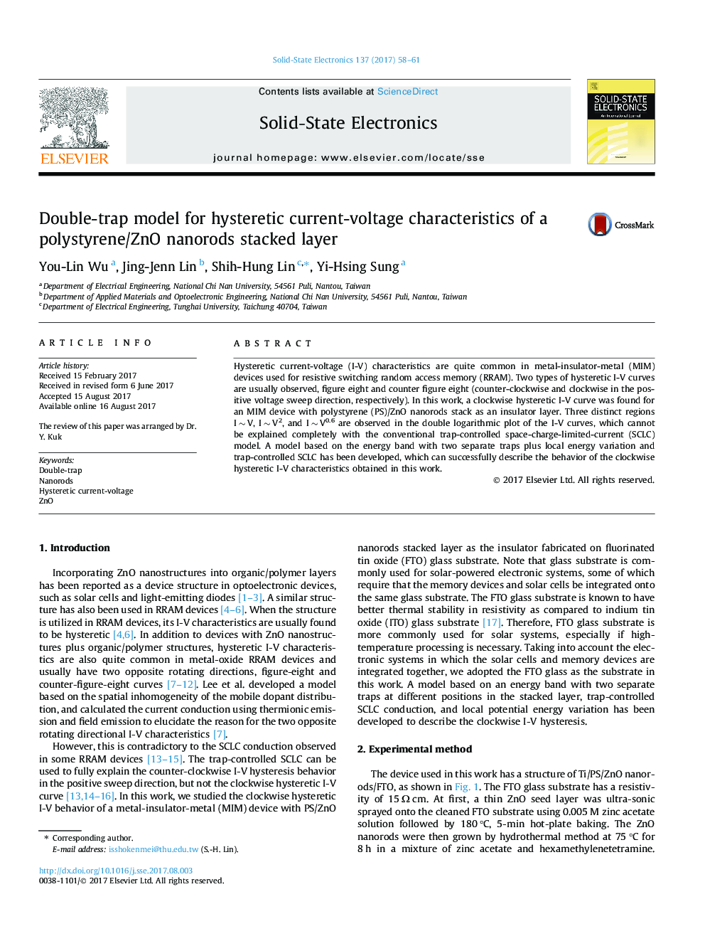 Double-trap model for hysteretic current-voltage characteristics of a polystyrene/ZnO nanorods stacked layer