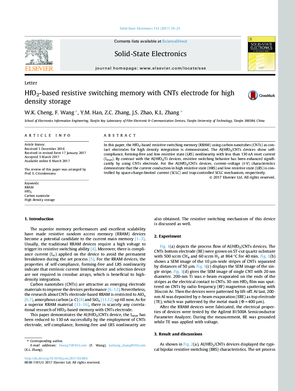 HfO2-based resistive switching memory with CNTs electrode for high density storage