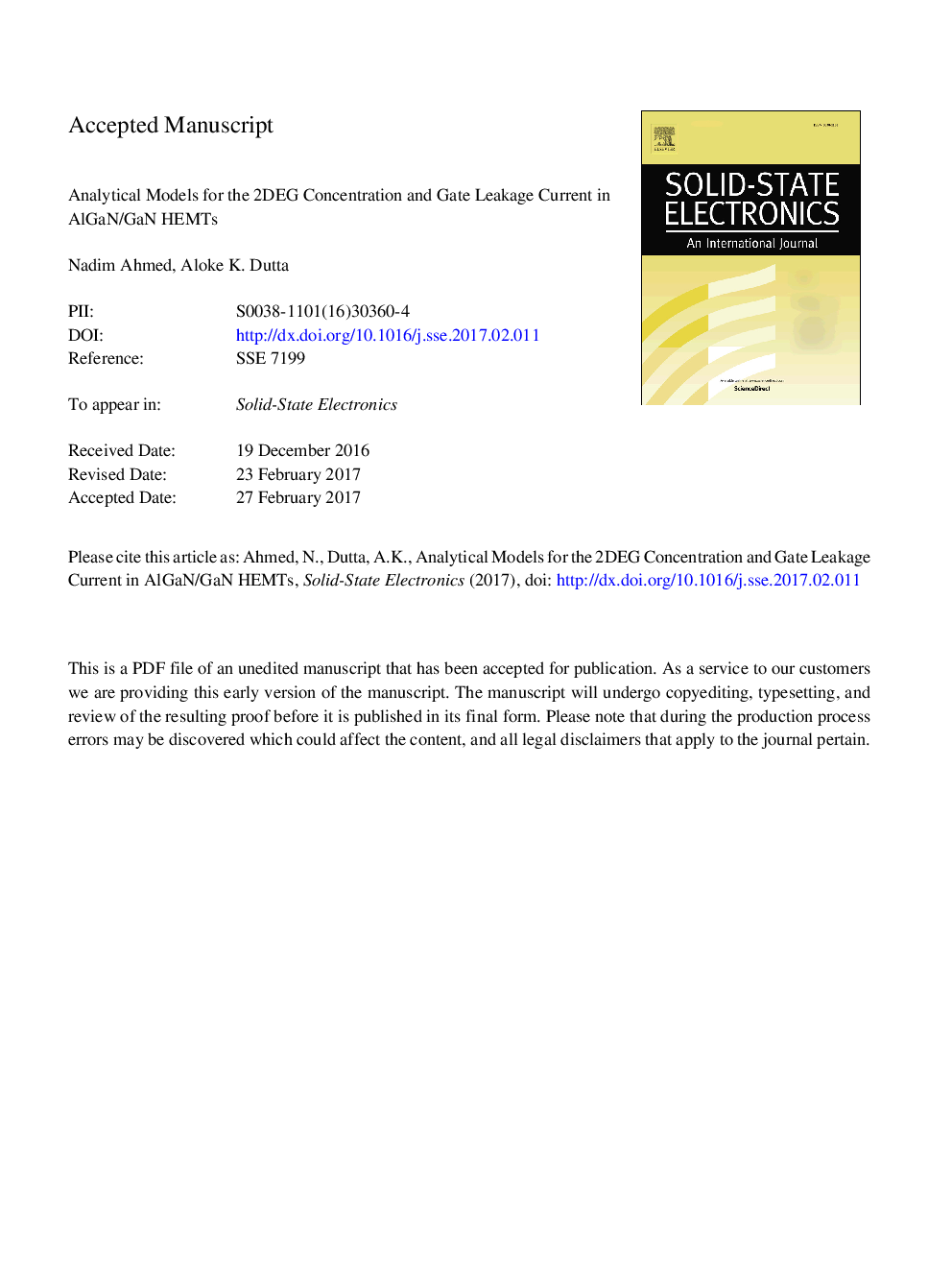 Analytical models for the 2DEG concentration and gate leakage current in AlGaN/GaN HEMTs