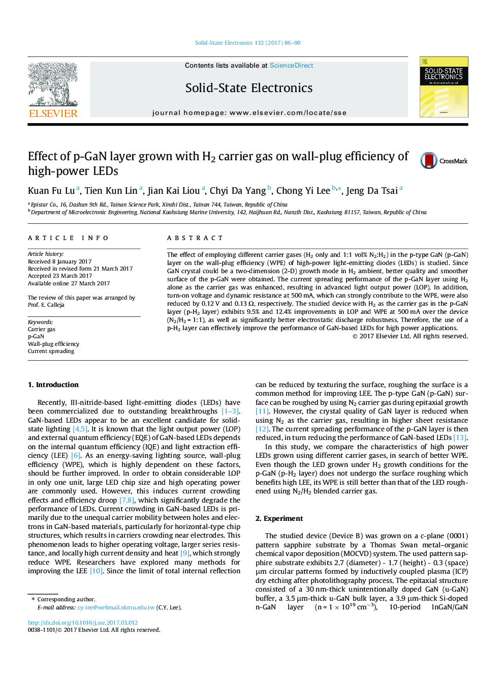 Effect of p-GaN layer grown with H2 carrier gas on wall-plug efficiency of high-power LEDs