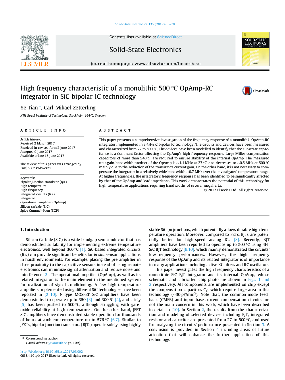 High frequency characteristic of a monolithic 500Â Â°C OpAmp-RC integrator in SiC bipolar IC technology