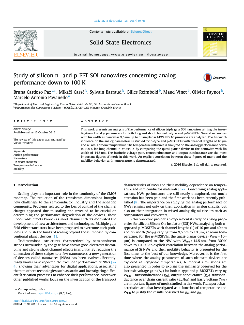 Study of silicon n- and p-FET SOI nanowires concerning analog performance down to 100Â K