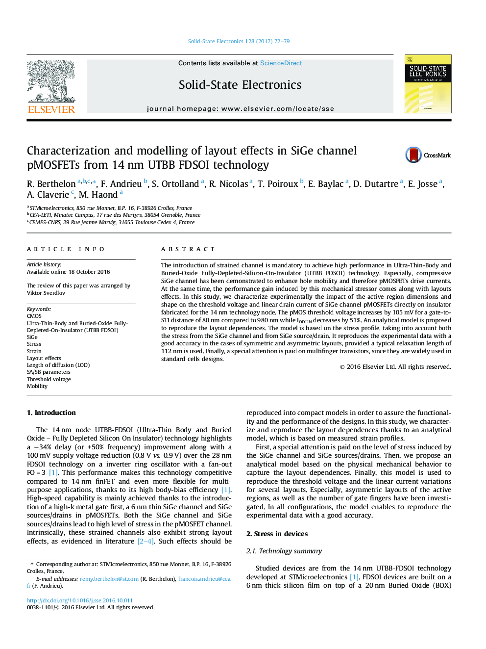 Characterization and modelling of layout effects in SiGe channel pMOSFETs from 14Â nm UTBB FDSOI technology