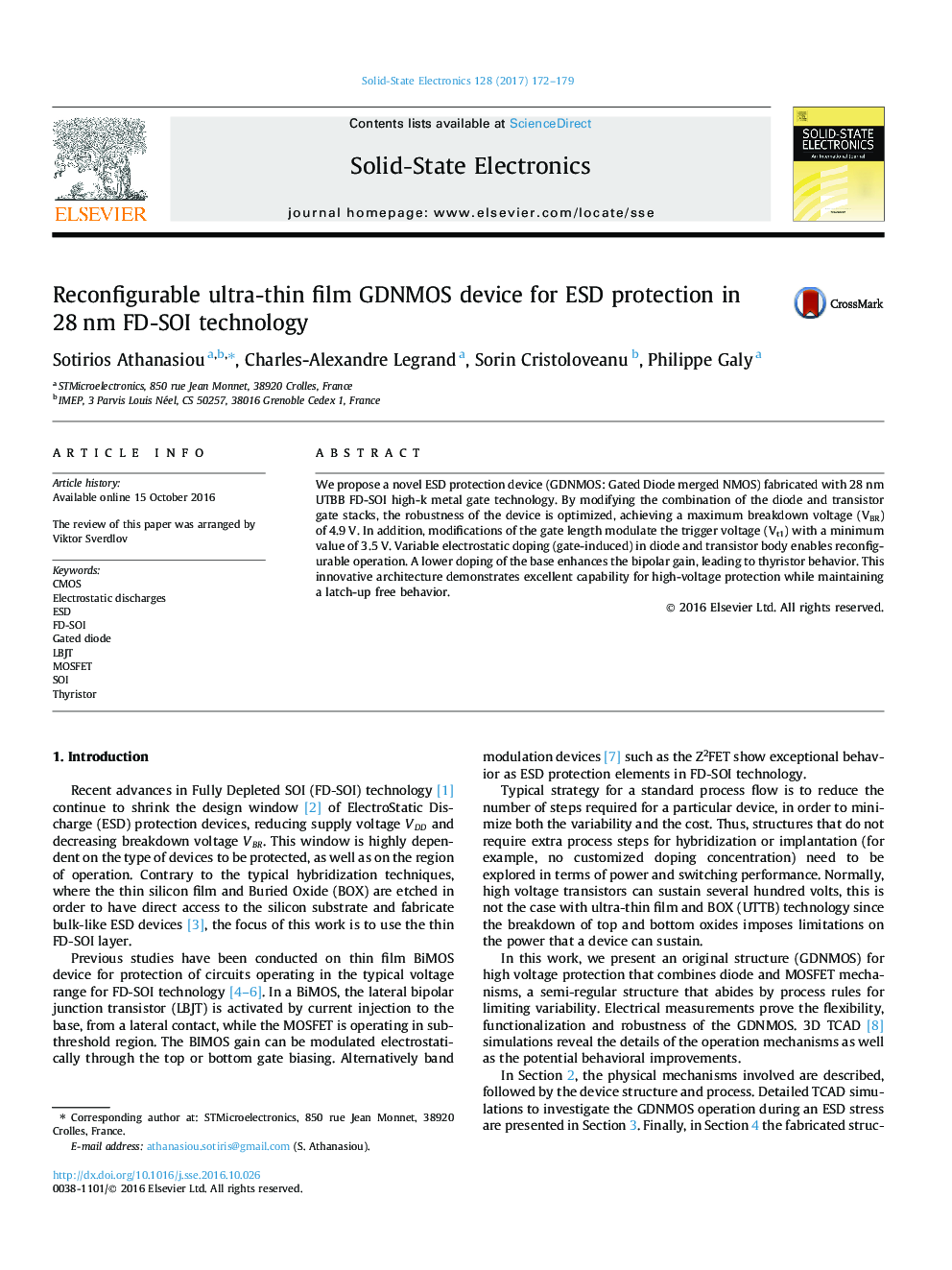 Reconfigurable ultra-thin film GDNMOS device for ESD protection in 28Â nm FD-SOI technology