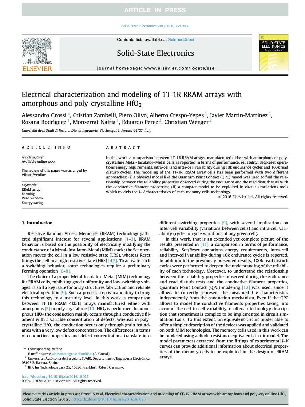 عکس صفحه اول مقاله: Electrical characterization and modeling of 1T-1R RRAM arrays with amorphous and poly-crystalline HfO2 Electrical characterization and modeling of 1T-1R RRAM arrays with amorphous and poly-crystalline HfO2