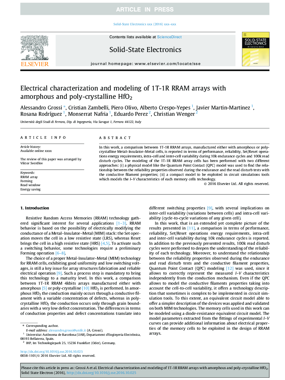 Electrical characterization and modeling of 1T-1R RRAM arrays with amorphous and poly-crystalline HfO2