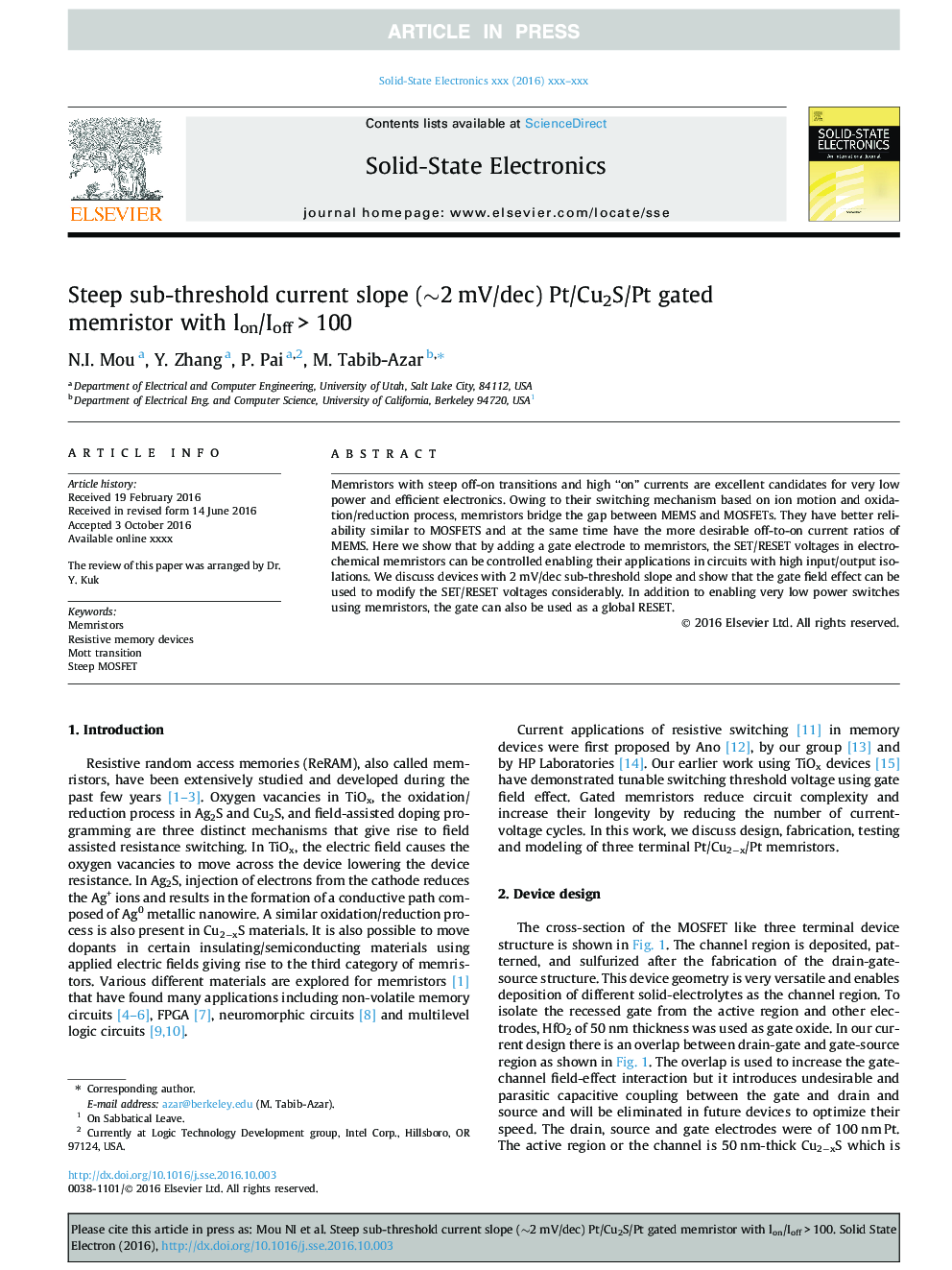 Steep sub-threshold current slope (â¼2Â mV/dec) Pt/Cu2S/Pt gated memristor with lon/IoffÂ >Â 100