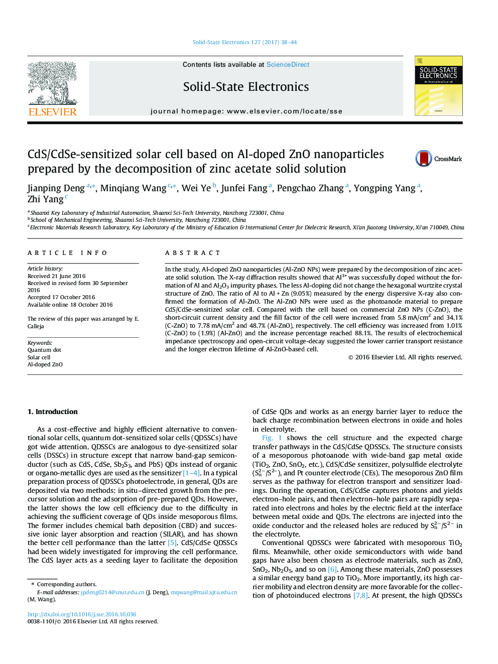 CdS/CdSe-sensitized solar cell based on Al-doped ZnO nanoparticles prepared by the decomposition of zinc acetate solid solution