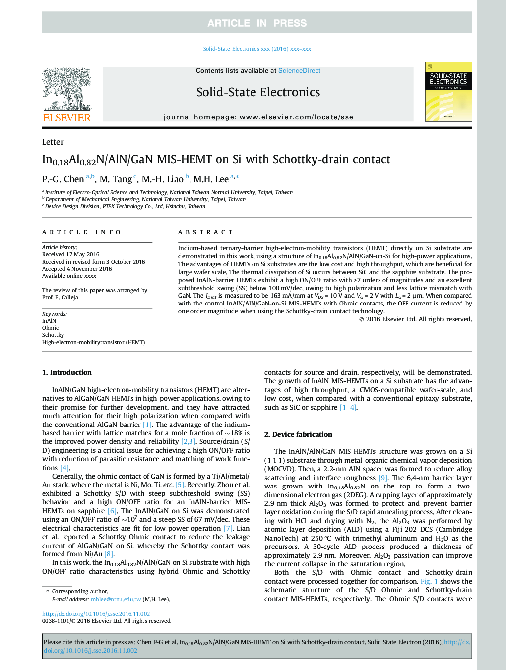 In0.18Al0.82N/AlN/GaN MIS-HEMT on Si with Schottky-drain contact