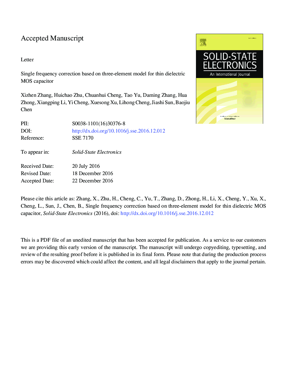 Single frequency correction based on three-element model for thin dielectric MOS capacitor