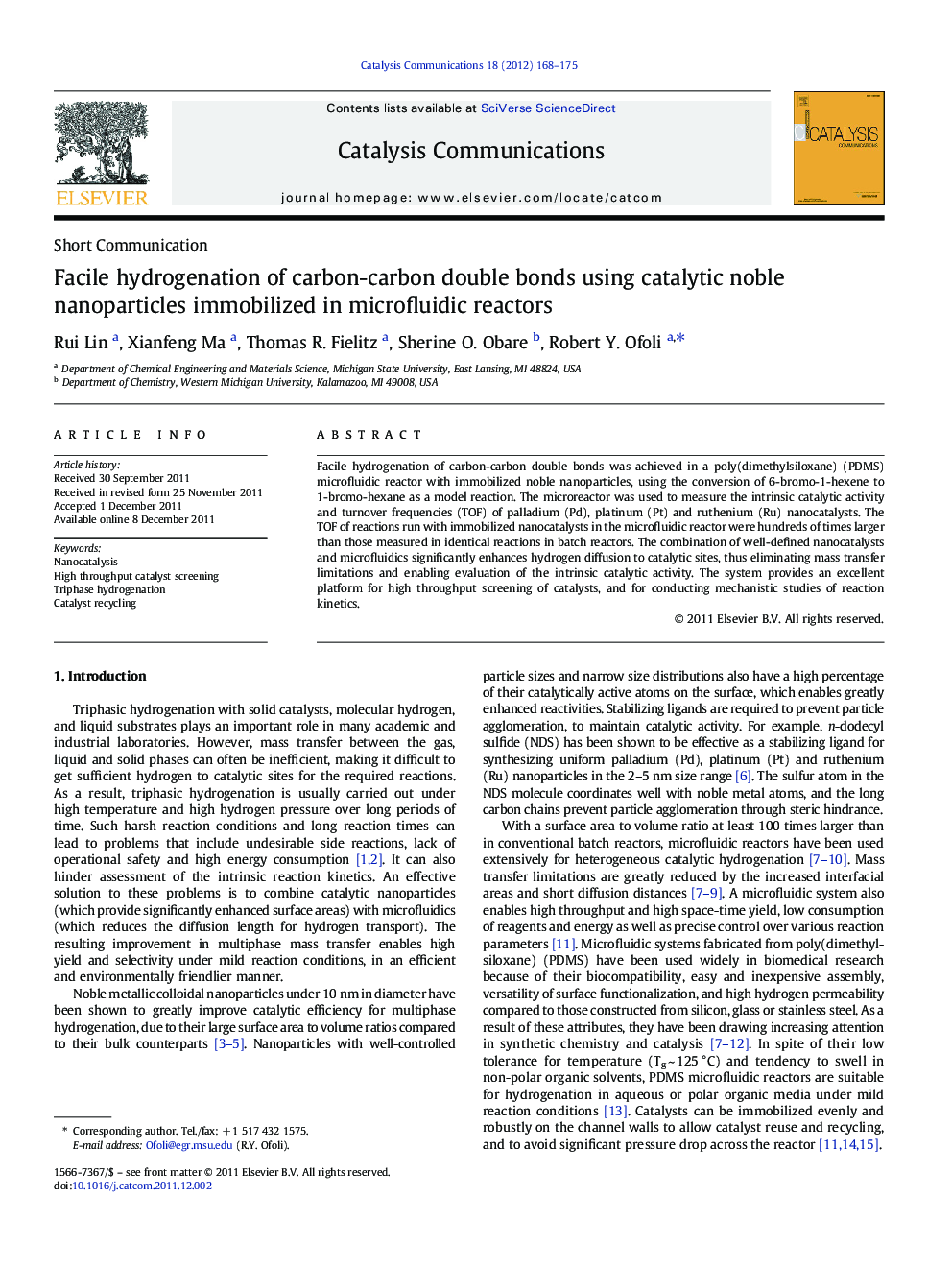 Facile hydrogenation of carbon-carbon double bonds using catalytic noble nanoparticles immobilized in microfluidic reactors