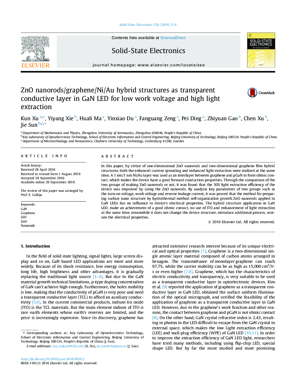 ZnO nanorods/graphene/Ni/Au hybrid structures as transparent conductive layer in GaN LED for low work voltage and high light extraction