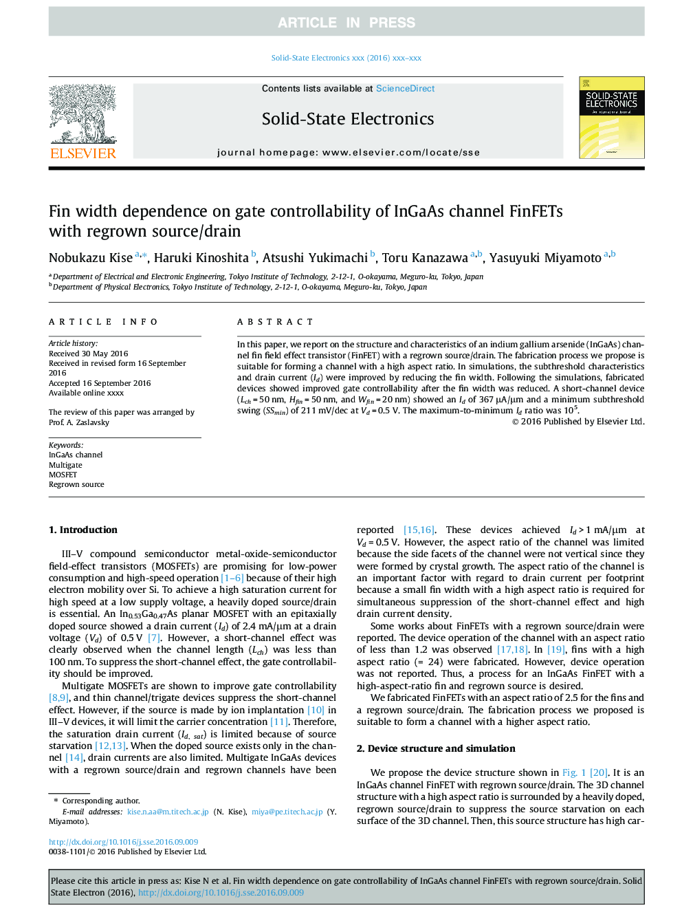 Fin width dependence on gate controllability of InGaAs channel FinFETs with regrown source/drain