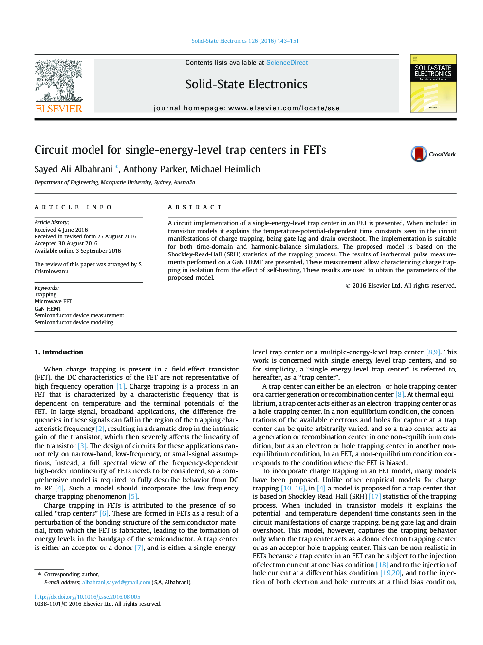 Circuit model for single-energy-level trap centers in FETs