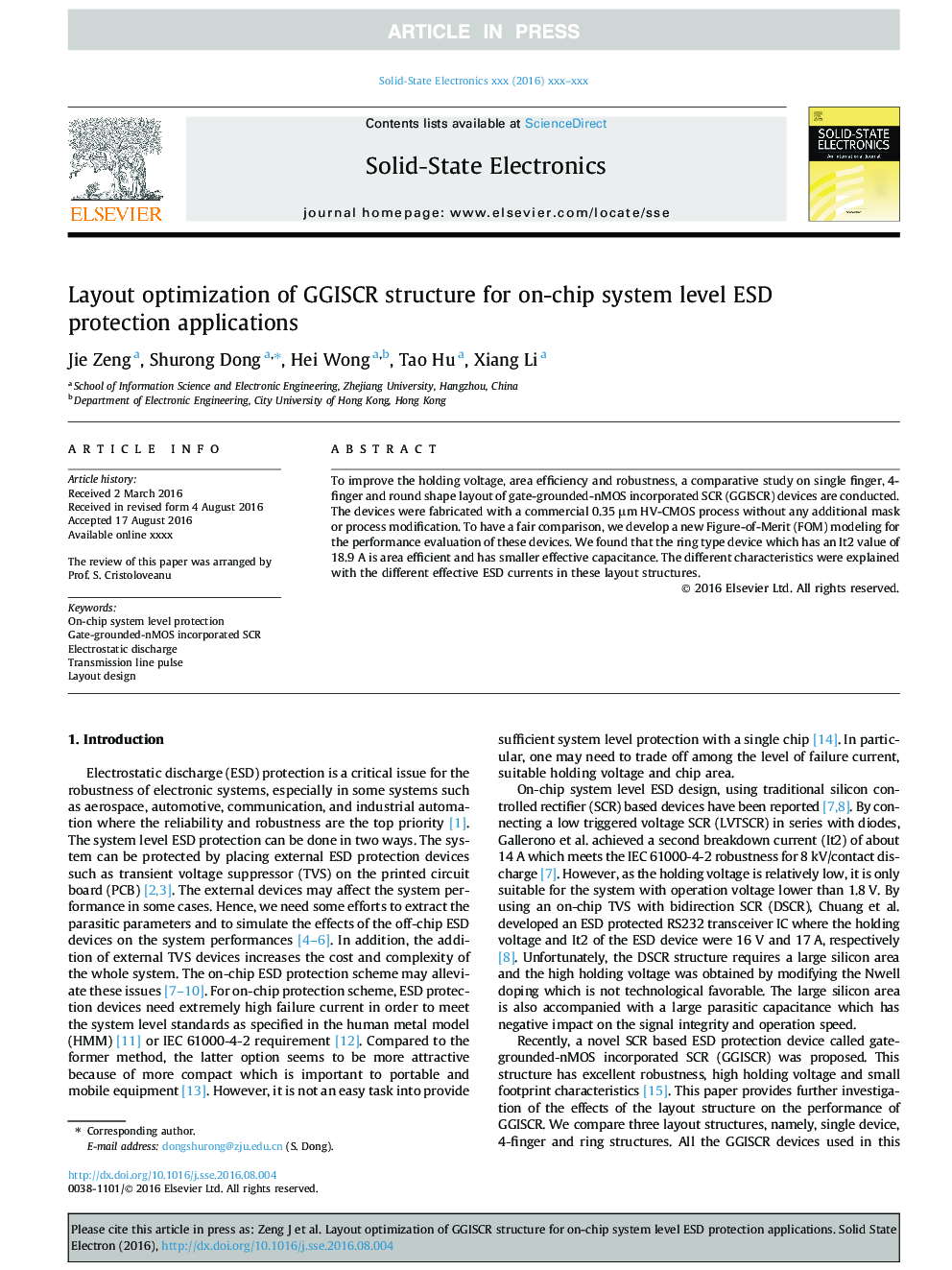 Layout optimization of GGISCR structure for on-chip system level ESD protection applications