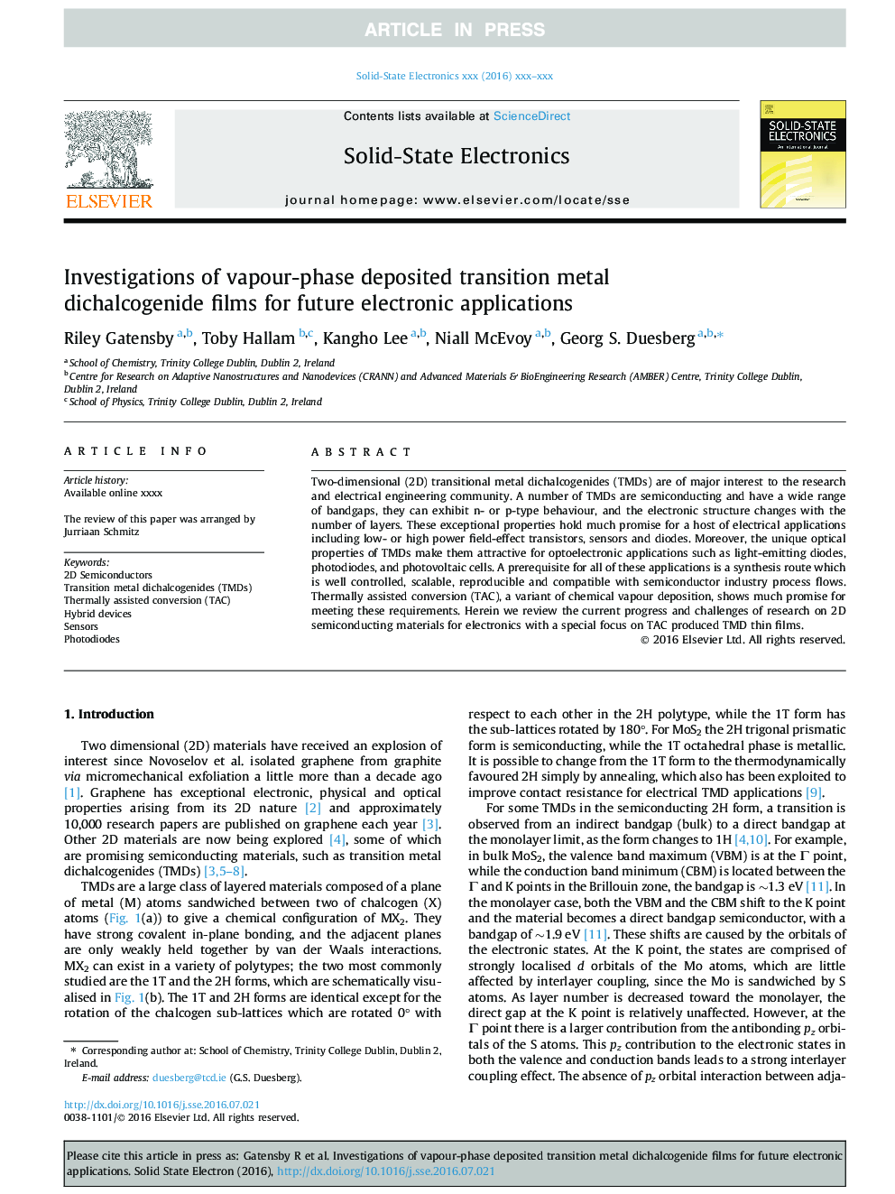 Investigations of vapour-phase deposited transition metal dichalcogenide films for future electronic applications