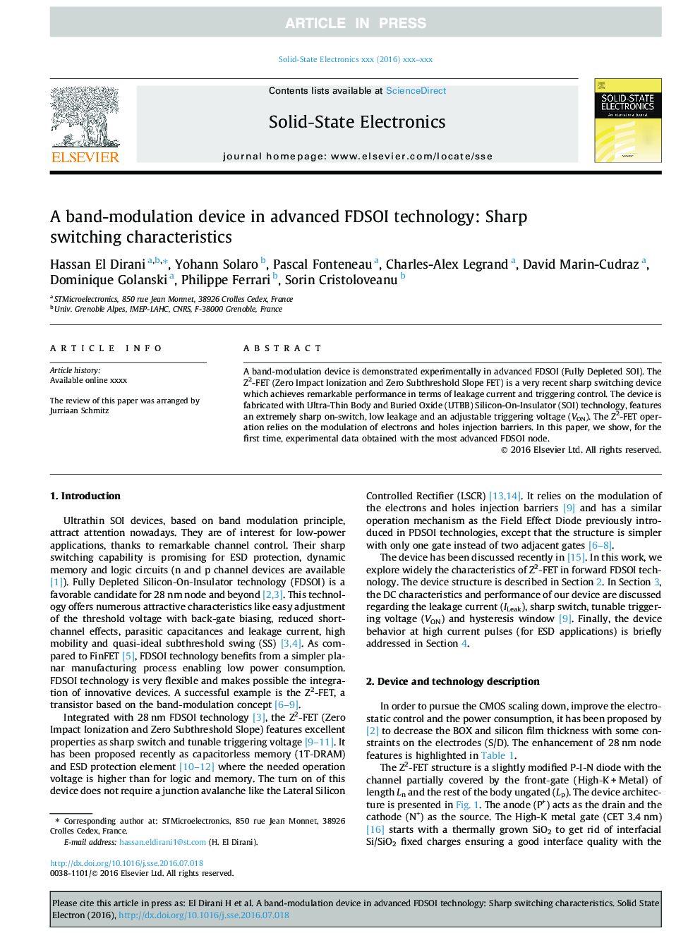 A band-modulation device in advanced FDSOI technology: Sharp switching characteristics