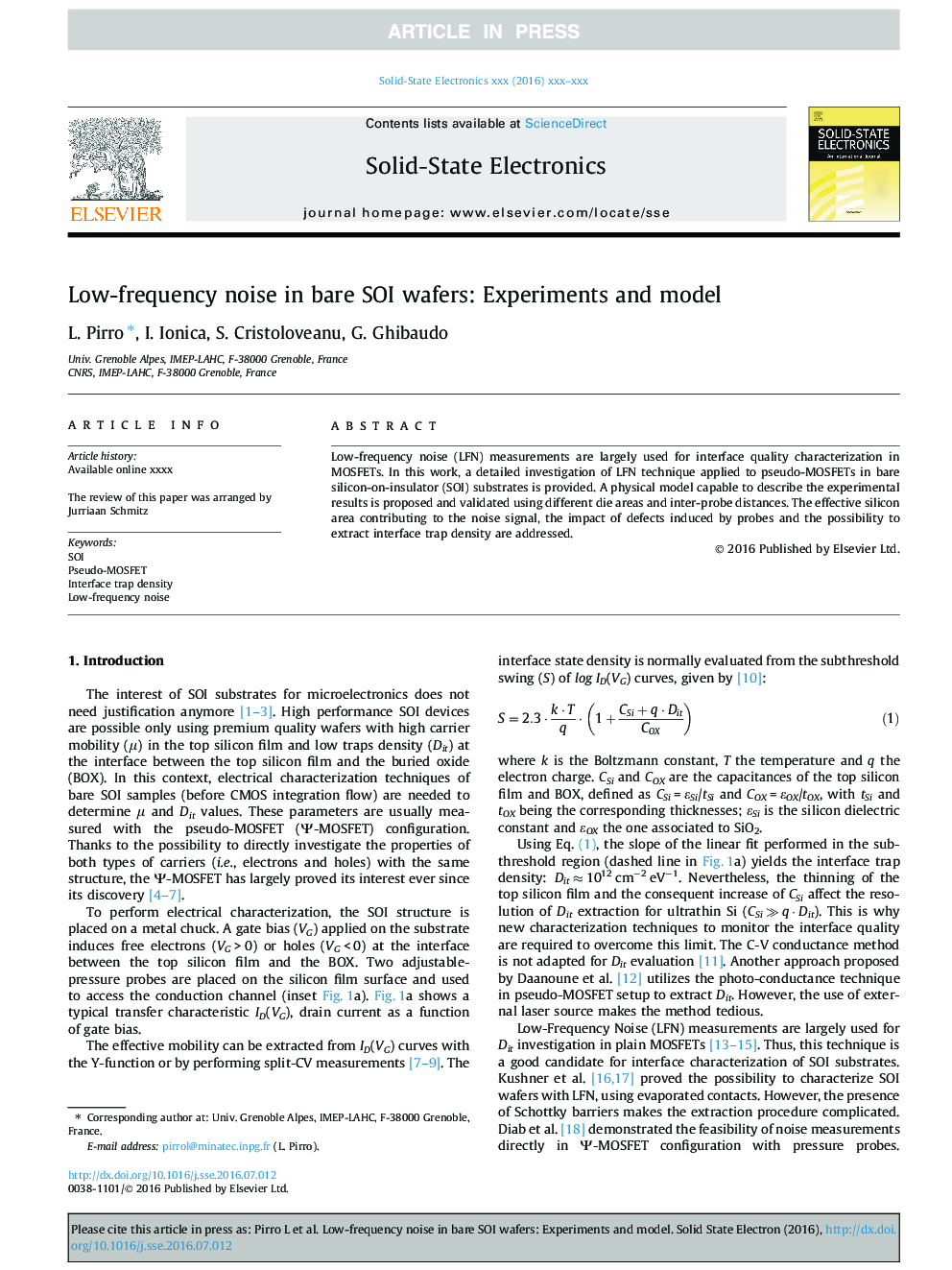 Low-frequency noise in bare SOI wafers: Experiments and model