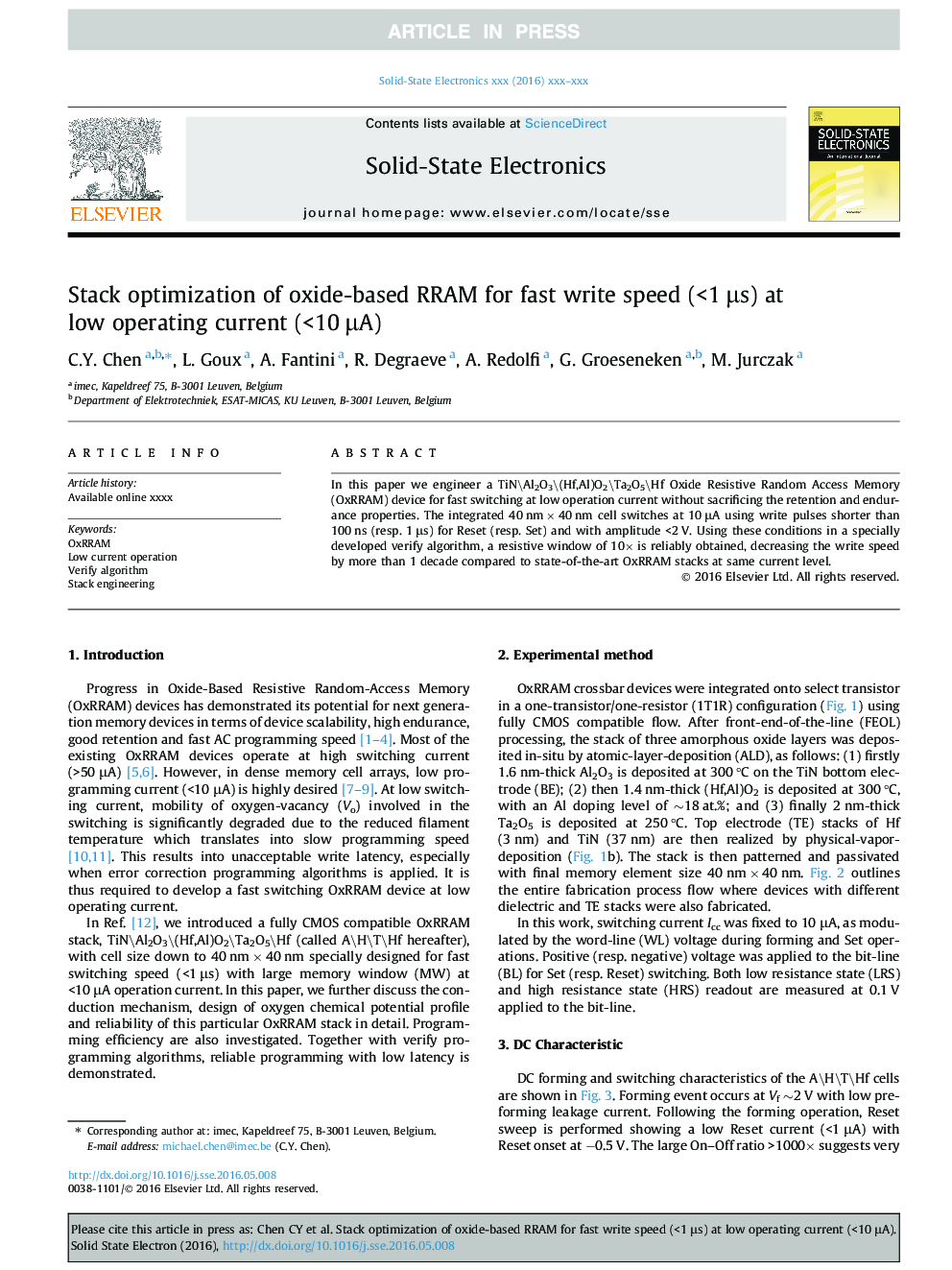 Stack optimization of oxide-based RRAM for fast write speed (<1Â Î¼s) at low operating current (<10Â Î¼A)