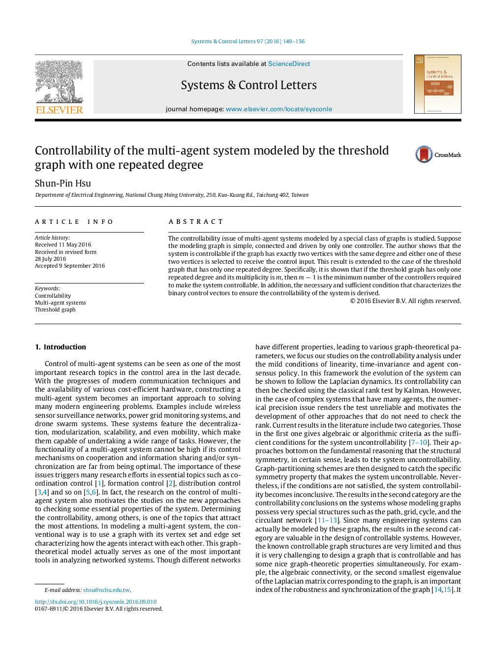 Controllability of the multi-agent system modeled by the threshold graph with one repeated degree