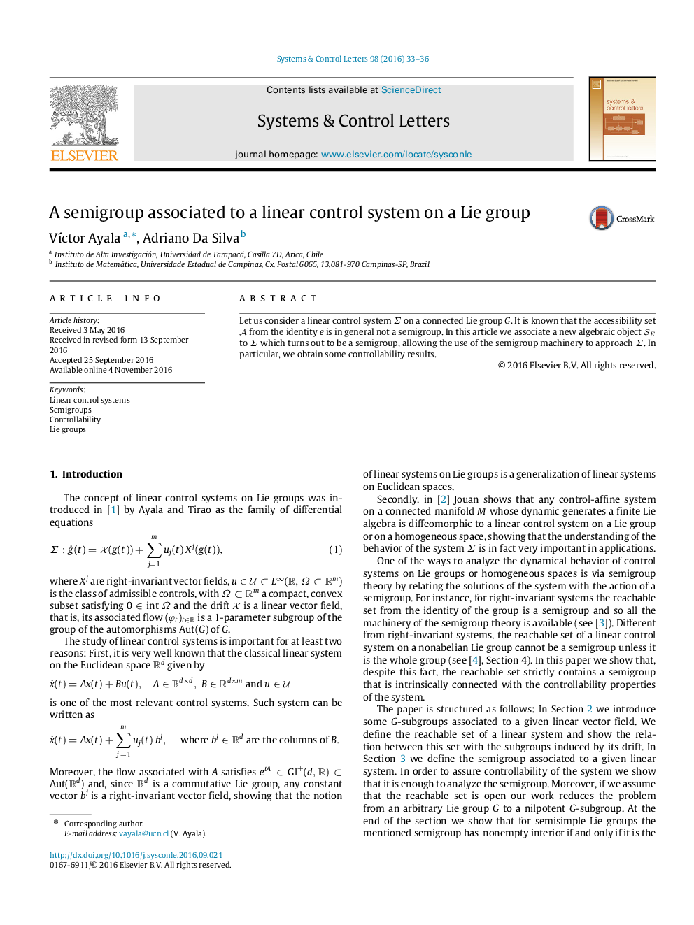 A semigroup associated to a linear control system on a Lie group