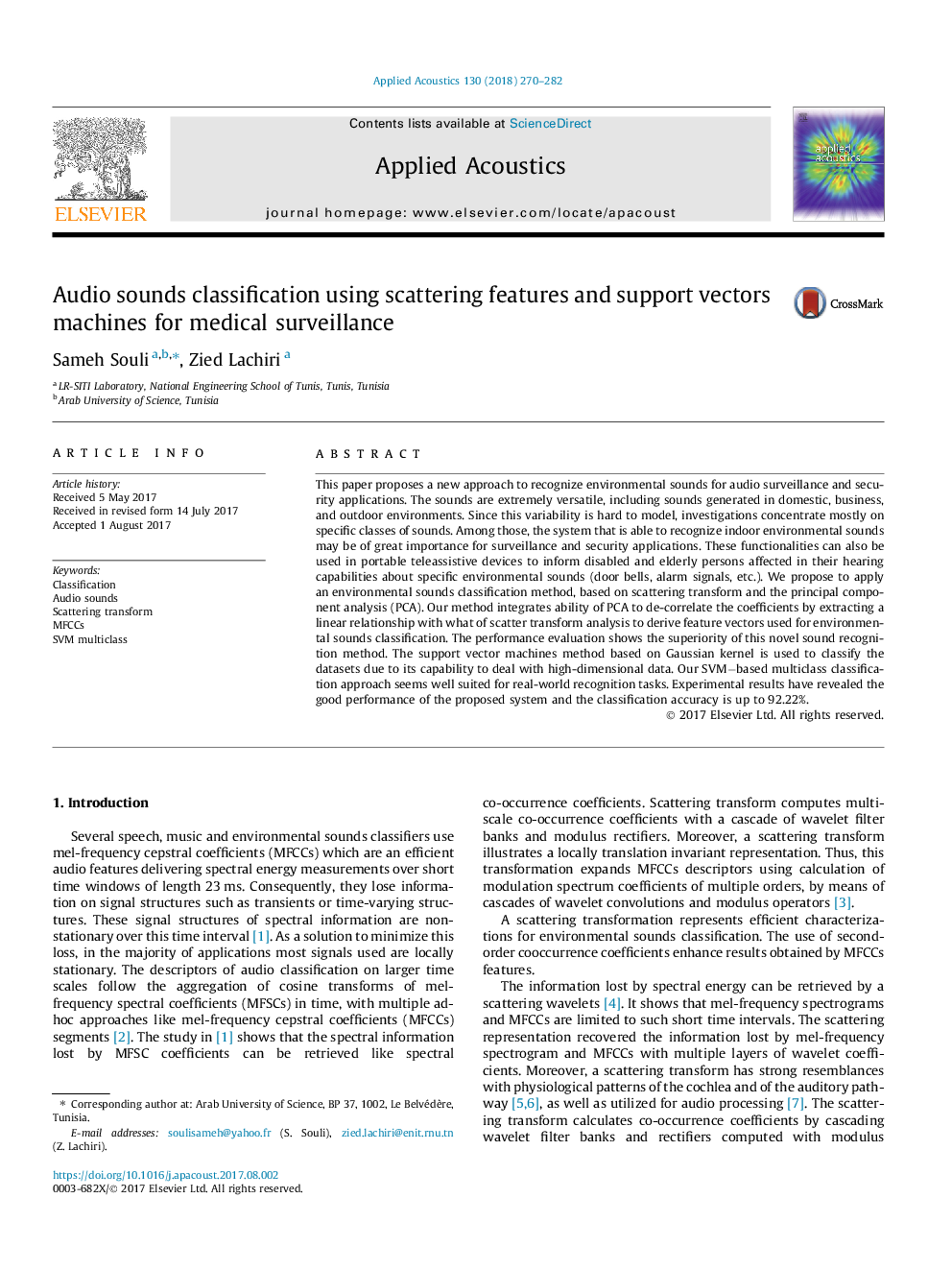 Audio sounds classification using scattering features and support vectors machines for medical surveillance