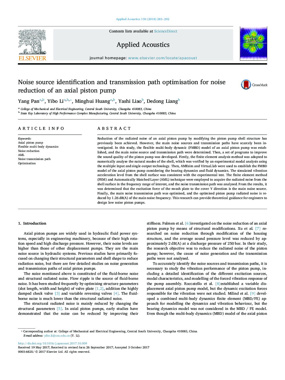 Noise source identification and transmission path optimisation for noise reduction of an axial piston pump